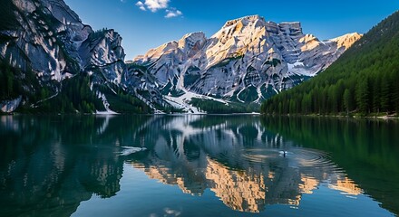 Serene mountain lake reflecting a serene mountain landscape under a brilliant sky. A calm body of water mirrors the majestic peaks and lush forest around a still mountain lake.