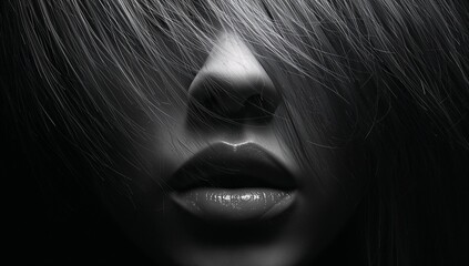 Illustration of close up of a womans face with hair covering her eyes in black and white