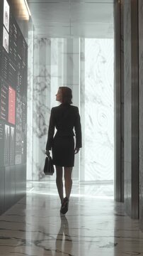 Female executive walking through a high-tech modern office with digital displays and futuristic design