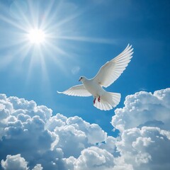 Illustration of white dove flying in the sky with sun and clouds, symbol of peace