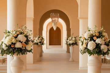 A beautifully decorated hallway with floral arrangements in white vases, columns, and arched openings leading to a central door, illuminated by a grand chandelier.