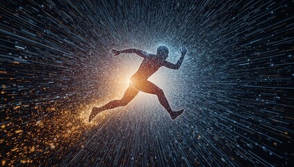 Illustration of silhouette of a man running through a digital tunnel with light effect