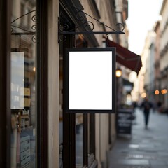 Obraz premium Hanging Rectangular Storefront Sign Mockup on Urban Street for Logo Branding