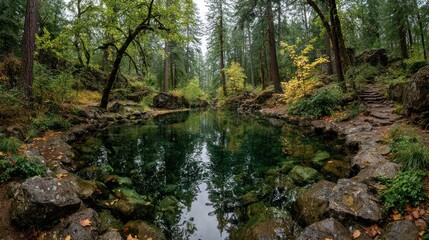 Tranquil forest pool reflects surrounding trees and rocks in autumn