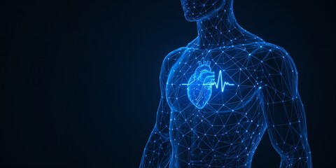 Illustration of human body wireframe with heart and heartbeat line, medical technology concept