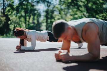 A motivated man and woman engaging in outdoor fitness exercises, focusing on planking activities, showcasing teamwork, strength, and a commitment to an active and healthy lifestyle in nature.