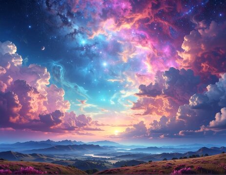 A stunning vista showcasing a vibrant sky filled with swirling clouds of pink, blue, and purple hues over a gentle, rolling landscape