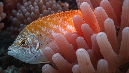 Illustration of orange fish swimming among coral reef in the ocean underwater