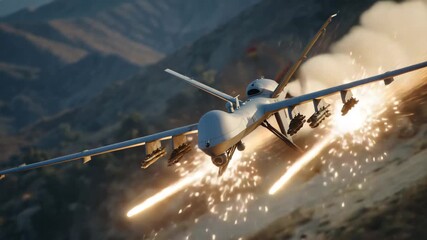 Mid-air view of Shahed drone dodging bullets, sparks and smoke trailing near fuselage, low sun casting golden light on flying debris