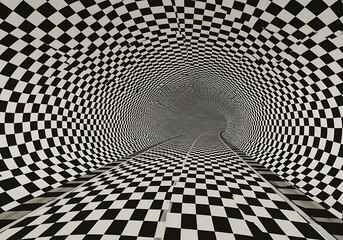 A black and white checkered tunnel design creates an optical illusion of depth and perspective.