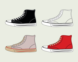 Four high top sneakers in different colors and styles