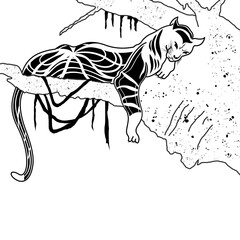 Black & white Illustration of a tiger laying on a tree branch in the jungle