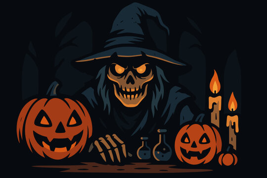 Dark Halloween Witch with Glowing Pumpkins, Candles, and Magic Potions in Spooky Night Scene