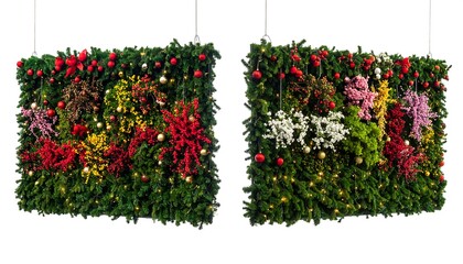 Two festive rectangular displays adorned with flowers, ornaments, greenery
