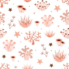 Seamless pattern with algae, corals, starfish. Sea creatures, underwater world, oceanic and marine themes. Vector illustration