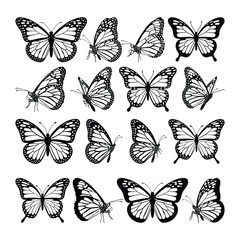 Set of monarch butterfly silhouette vector art , elegant wild flying moth , glowworms, fireflies  design for decoration and tattoo art.