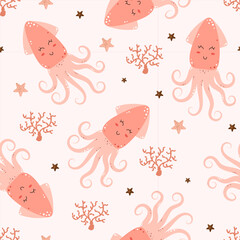 Seamless pattern with cute squids. Sea creatures, underwater world, oceanic and marine themes. Vector illustration