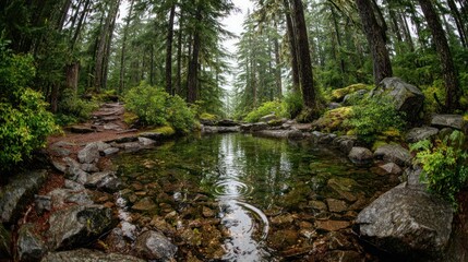 Obraz premium Dense forest scene with a small, clear pond and rocky shore