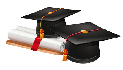 graduation cap with red ribbon and diploma, isolated on a transparent background
