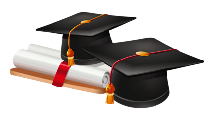 graduation cap with red ribbon and diploma, isolated on a transparent background