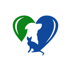 A stylized heart logo featuring silhouettes of a dog and a cat, symbolizing animal care and love.