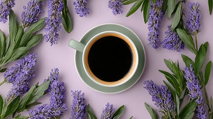 Cup of coffee is surrounded by purple flowers. The cup is on a white plate and the flowers are in a vase. Concept of relaxation and calmness, as the cup of coffee