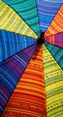 A vibrant umbrella, radiating with a spectrum of colorful stripes and dots, displays a cheerful and playful design.
