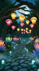 A magical pathway through a luminous forest, illuminated by flower-shaped lanterns, glows under a full moon.