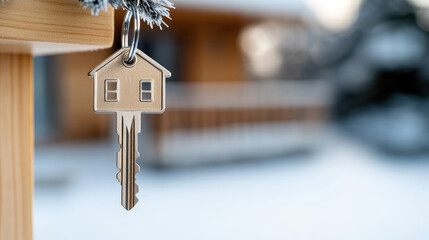 Person's hand extending keys and a house-shaped keychain, signifying themes of buying a new home, securing property, future home plans, or a special Christmas present