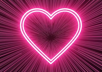 A vibrant, glowing neon pink heart shape outlined in bright white against a dark, radiant backdrop of radiating lines.