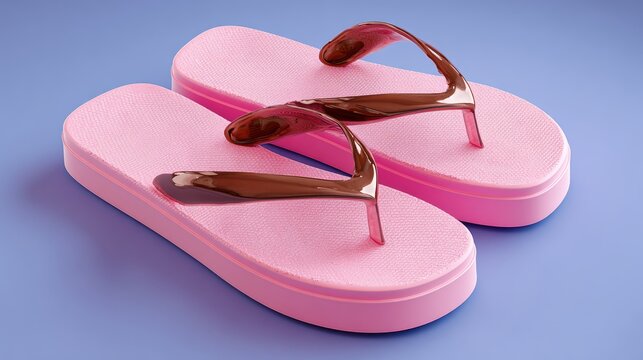 Two pink flip flops with brown straps. The flip flops are on a blue background. The flip flops are the main focus of the image