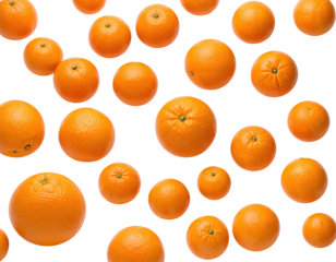 Overhead view of scattered, ripe citrus fruits against a solid black background