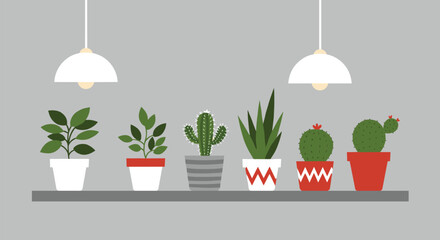 Minimalist plant shelf, indoor greenery, pendant lights decor, cozy home style, botanical illustration, modern interior design, nature-inspired workspace