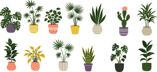 Potted plant collection, tropical and succulent, decorative pots, botanical illustration, indoor greenery, cozy home decor, nature art, vibrant foliage