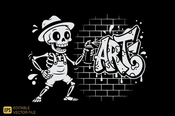 Happy Skeleton Graffiti Artist Spray Painting Art on a Brick Wal