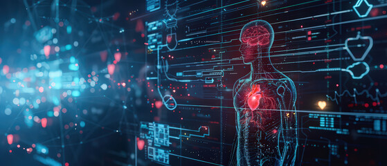 Digital hologram of a human body with a glowing red heart surrounded by futuristic medical charts and data visualization. Concept of AI healthcare, cardiology diagnostics, virtual medical technology.