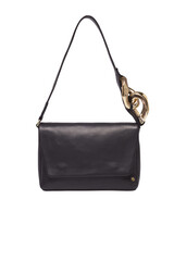 Elegant black leather shoulder bag with gold chain detail isolated