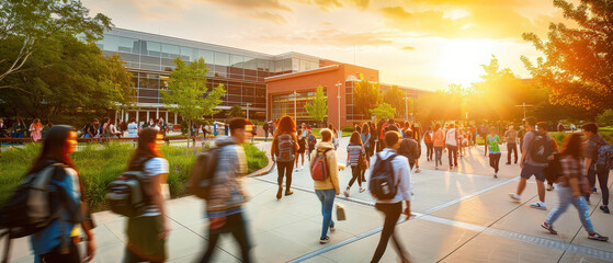 A large group of students walking across a modern university campus during sunset. Warm sunlight, urban architecture, and dynamic motion create an academic and vibrant atmosphere.