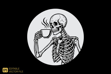 Skeleton enjoying a hot cup of coffee or tea.
