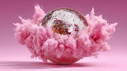 Pink disco ball with pink smoke surrounding it. The smoke is made of glitter and the ball is shiny and reflective. Scene is fun and playful, as it evokes the feeling of dancing and partying