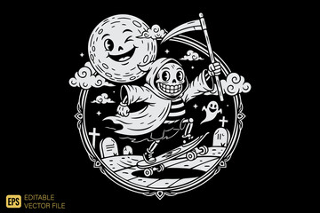 Grim Reaper Skeleton Skateboarding with Winking Moon in Graveyar