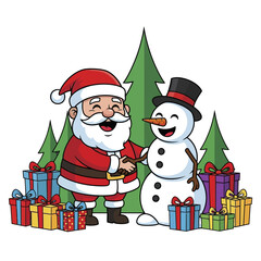 Santa Claus and Snowman Celebrating Christmas with Gifts.