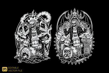Two detailed monochrome illustrations of skeletal drummers in a