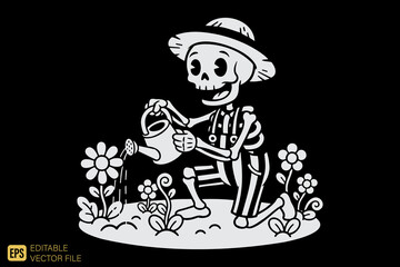 Happy Skeleton Gardener Watering Flowers in a Garden.