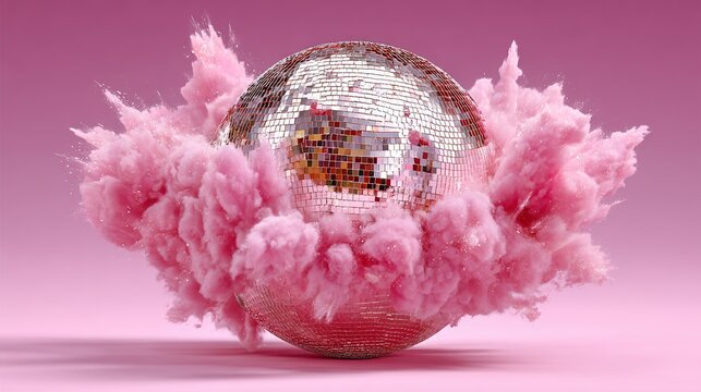 Pink disco ball with pink smoke surrounding it. The smoke is made of glitter and the ball is shiny and reflective. Scene is fun and playful, as it evokes the feeling of dancing and partying - Powered by Adobe