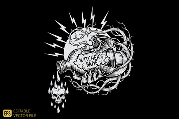 Witchers Bane Potion Bottle with Skull and Lightning.