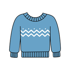 Blue knitted sweater isolated on white background, featuring a white zigzag pattern