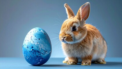 Light brown rabbit beside marbled blue Easter egg on soft blue background—evoking springtime charm and whimsical celebration.