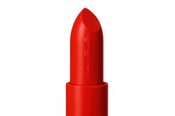 Red lipstick tube creating bold beauty, applying color and glamorous makeup on transparent background