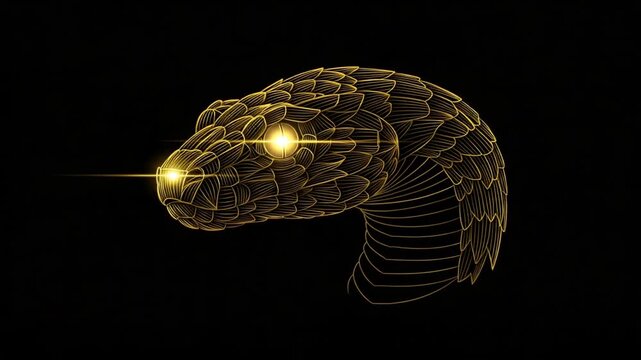 Golden snake illustration with glowing eyes on black